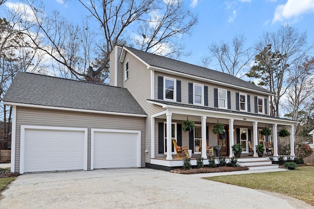 colonial home featuring an attached garage, covered porch, driveway, and a shingled roof