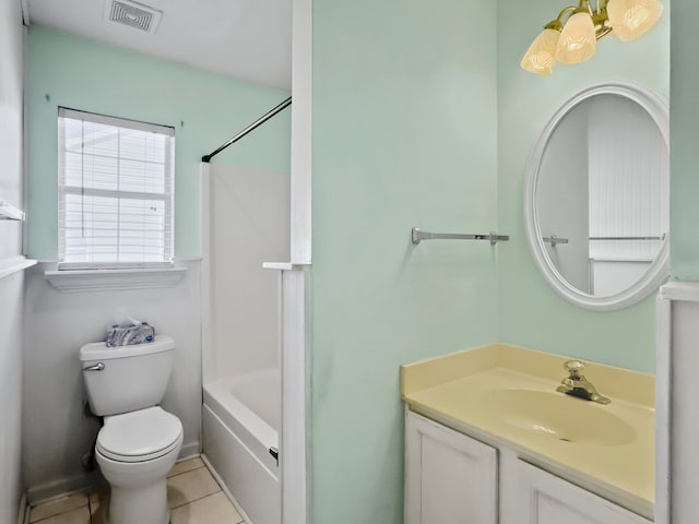 full bathroom with toilet, shower / bathing tub combination, vanity, and tile patterned floors