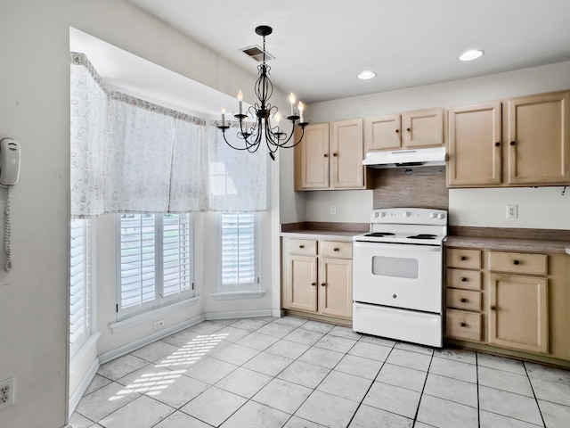 kitchen featuring a notable chandelier, light brown cabinets, electric range, light tile patterned floors, and decorative light fixtures