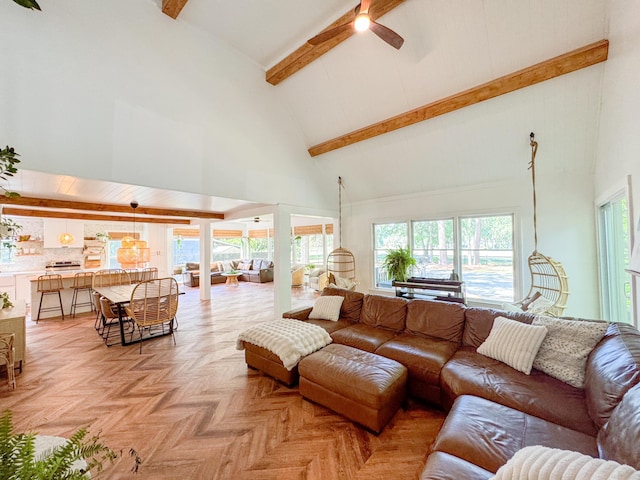27 Fitzroy Dr, Charleston, SC 29414 - living area with high vaulted ceiling, beam ceiling, and a ceiling fan