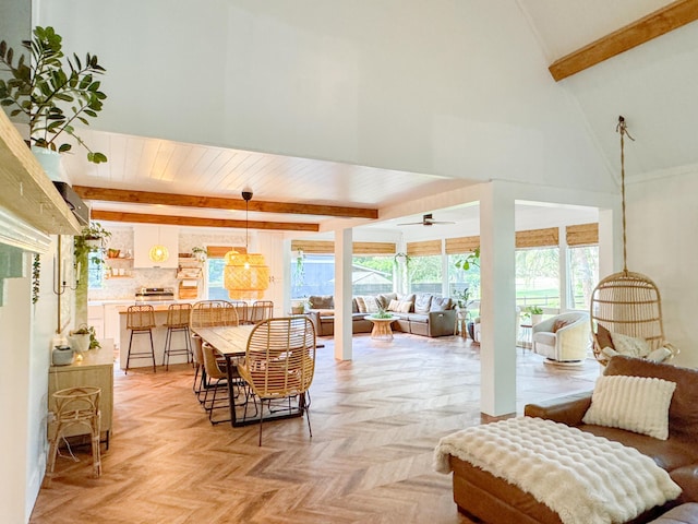 27 Fitzroy Dr, Charleston, SC 29414 - living room featuring beam ceiling, high vaulted ceiling, and ceiling fan