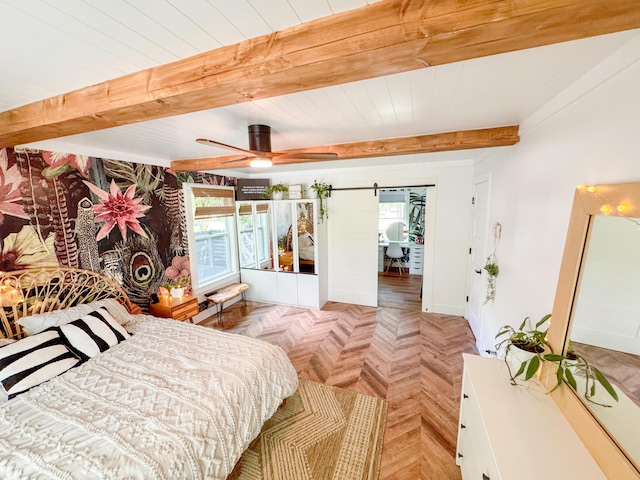 27 Fitzroy Dr, Charleston, SC 29414 - bedroom featuring a barn door, beam ceiling, baseboards, and a ceiling fan