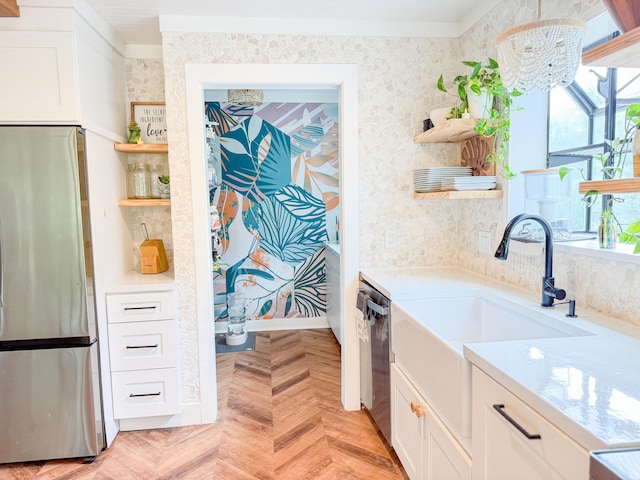 27 Fitzroy Dr, Charleston, SC 29414 - kitchen featuring stainless steel appliances, open shelves, a sink, white cabinetry, and healthy amount of natural light