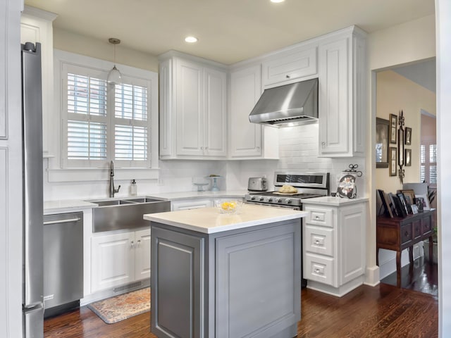 kitchen with ventilation hood, pendant lighting, stainless steel appliances, and white cabinets