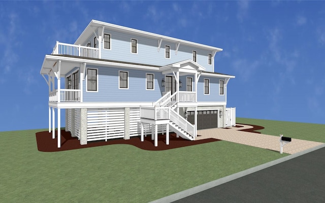 view of front facade featuring a garage, a front yard, and a balcony