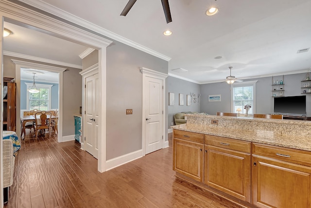 kitchen with a ceiling fan, wood finished floors, plenty of natural light, baseboards, and ornamental molding