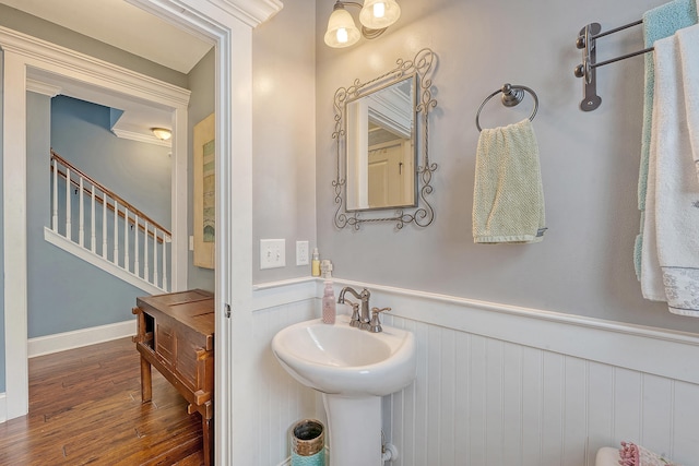 bathroom featuring wood finished floors, a wainscoted wall, and a sink