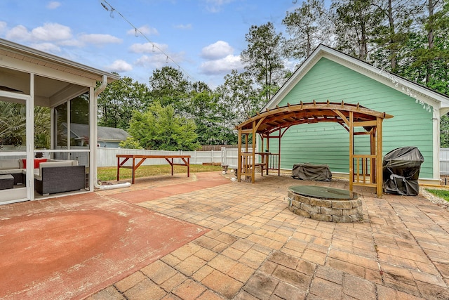 view of patio with a fenced backyard and an outdoor living space with a fire pit