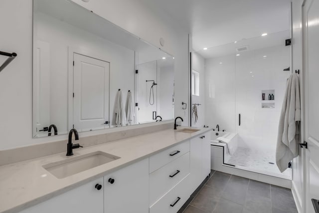 405 Spartina Ln Unit 405, Charleston, SC 29492 - bathroom featuring a shower stall, double vanity, and tile patterned floors