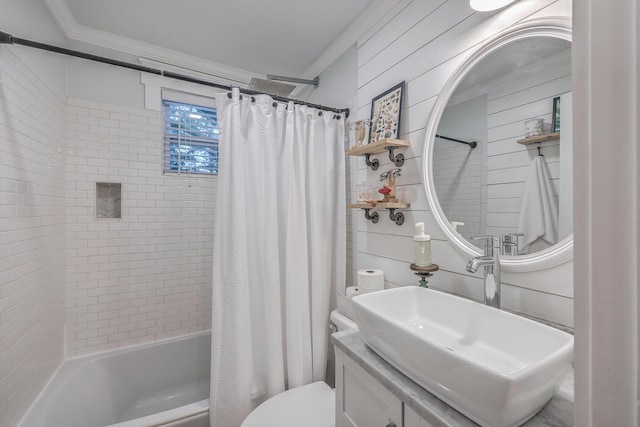 full bathroom with toilet, crown molding, wooden walls, and shower / tub combo