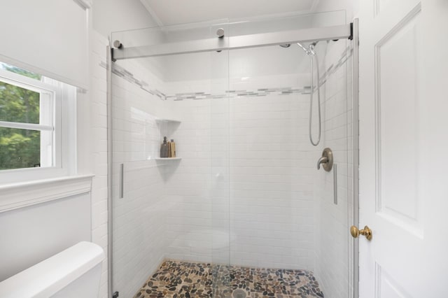 bathroom with a shower with door and toilet