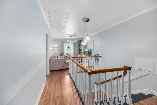 hall with wood-type flooring and ornamental molding