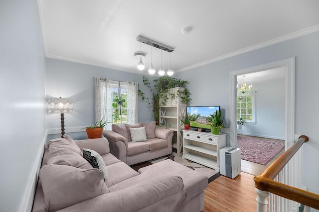 living room featuring plenty of natural light, ornamental molding, and light wood-type flooring