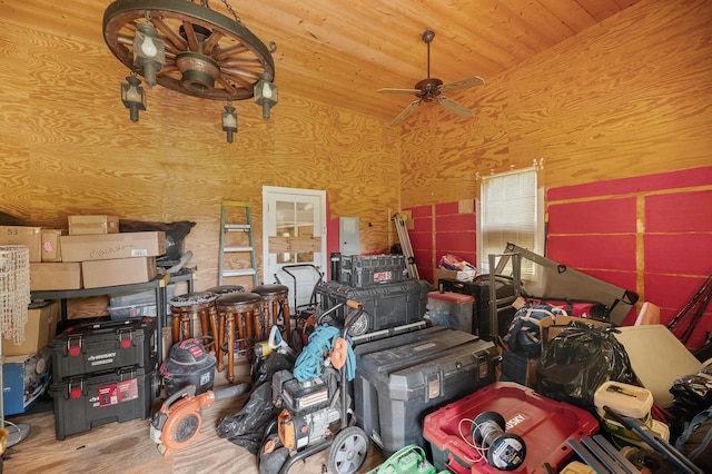 garage featuring wooden ceiling and ceiling fan