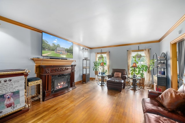 living room with ornamental molding and wood-type flooring