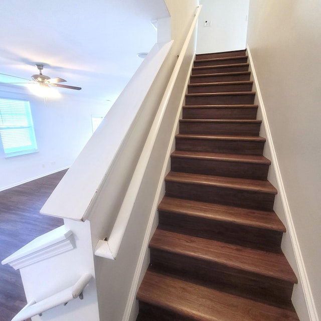 stairway with wood finished floors and a ceiling fan