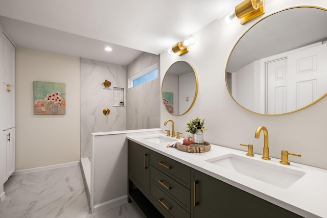 1478 Diamond Blvd, Mount Pleasant, SC 29466 - full bath with marble look tile flooring, double vanity, recessed lighting, and a marble finish shower