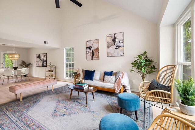 1478 Diamond Blvd, Mount Pleasant, SC 29466 - living area featuring ceiling fan, wood finished floors, and high vaulted ceiling