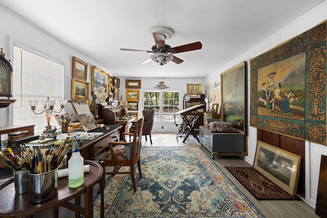 1067 Loyalist Ln, Mount Pleasant, SC 29464 - home office featuring a ceiling fan, wood finished floors, and ornamental molding