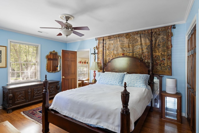 1067 Loyalist Ln, Mount Pleasant, SC 29464 - bedroom featuring ornamental molding, wood finished floors, and a ceiling fan