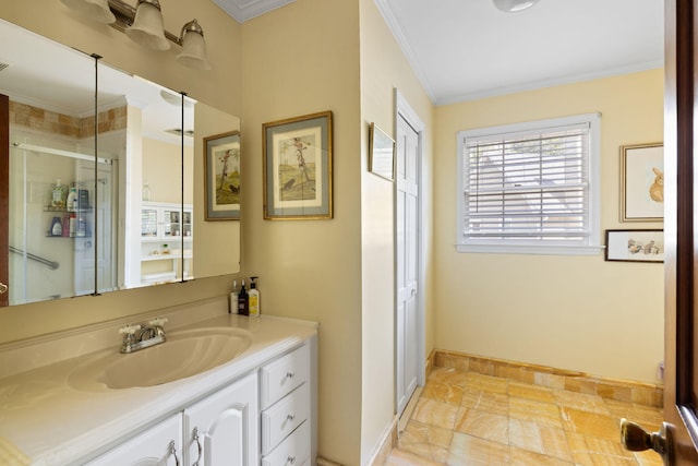 1067 Loyalist Ln, Mount Pleasant, SC 29464 - full bath with ornamental molding, vanity, and a stall shower