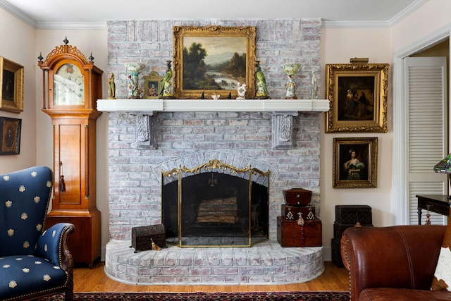 1067 Loyalist Ln, Mount Pleasant, SC 29464 - living room with wood finished floors, crown molding, and a fireplace