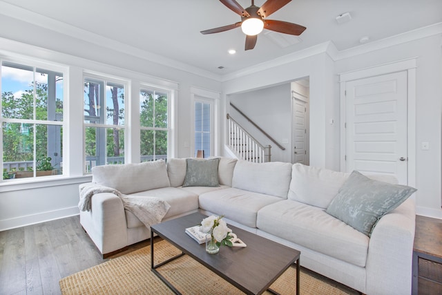 840 Forrest Dr, Charleston, SC 29492 - living area with ceiling fan, wood finished floors, crown molding, baseboards, and recessed lighting