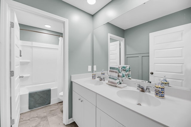 331 Saddlewood Dr, Charleston, SC 29414 - bathroom featuring double vanity, shower / tub combo with curtain, and marble finish flooring