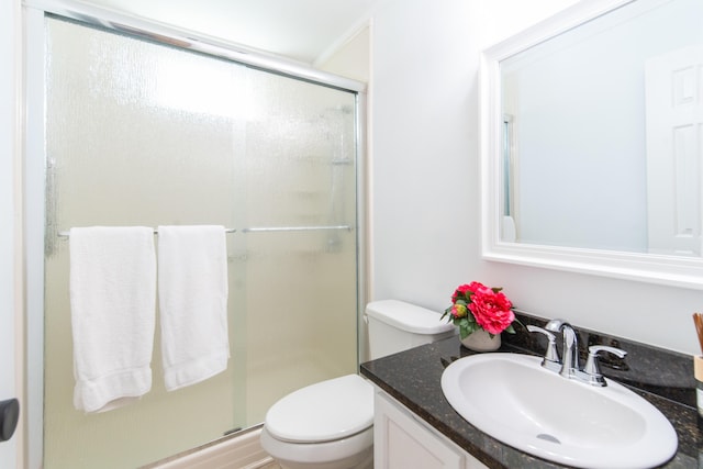 full bathroom featuring toilet, a stall shower, and vanity