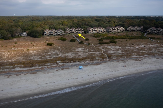 bird's eye view of expansive beach and a heavily wooded area