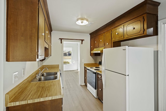 kitchen with white appliances, light hardwood / wood-style floors, and sink