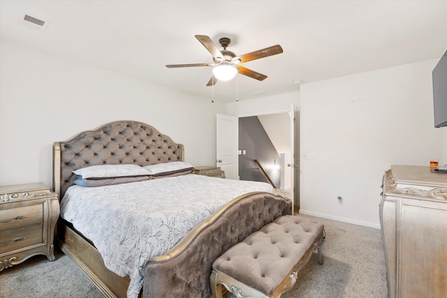 bedroom featuring visible vents, ceiling fan, baseboards, and carpet