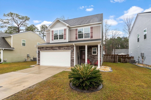 traditional home featuring board and batten siding, a front lawn, fence, concrete driveway, and central AC unit