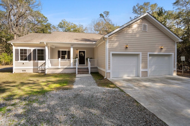 single story home featuring a porch, a garage, concrete driveway, crawl space, and a front yard