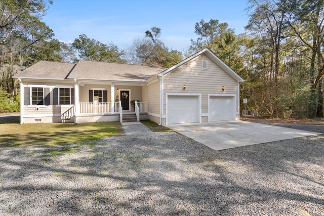 ranch-style home featuring roof with shingles, a porch, concrete driveway, crawl space, and a garage