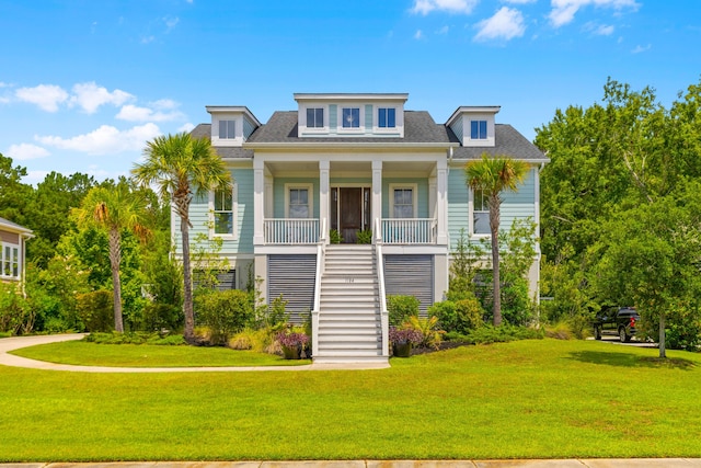 beach home with covered porch and a front yard