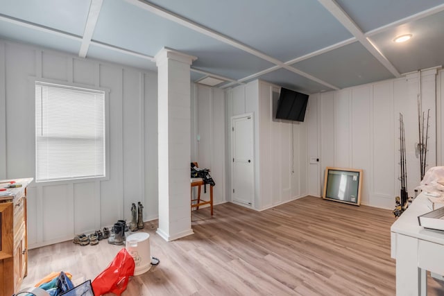 basement featuring light wood-type flooring