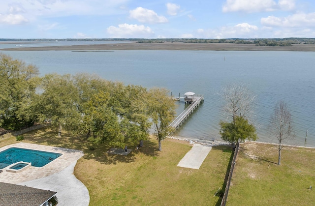 drone / aerial view featuring a water view