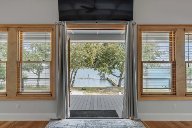 doorway to outside with a water view, wood-type flooring, and a wealth of natural light