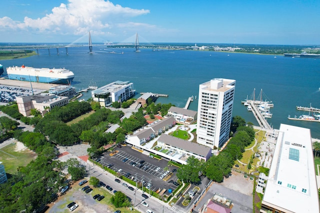 bird's eye view with a water view