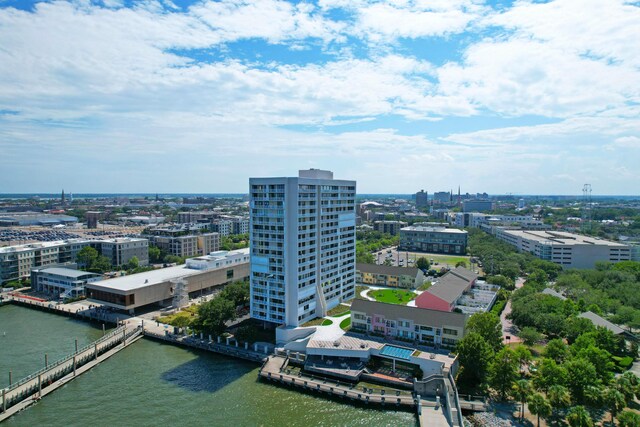 birds eye view of property featuring a water view