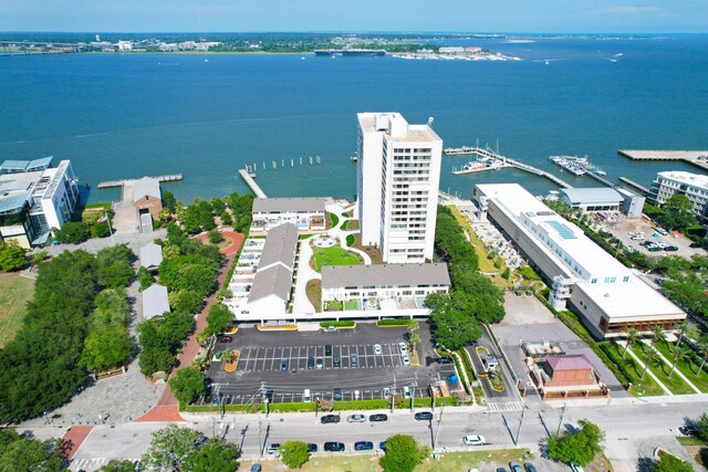 drone / aerial view with a water view