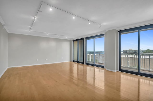 spare room featuring hardwood / wood-style floors, rail lighting, and ornamental molding