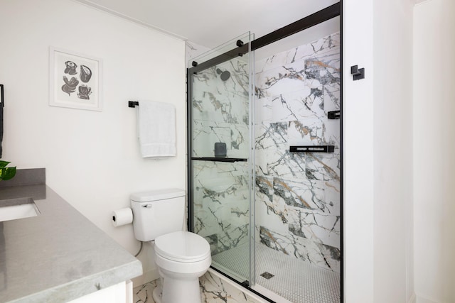 bathroom with toilet, a marble finish shower, marble look tiles, and vanity