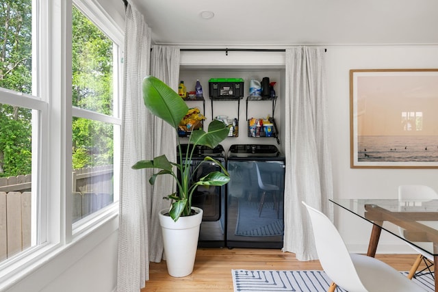 doorway featuring wood finished floors and independent washer and dryer