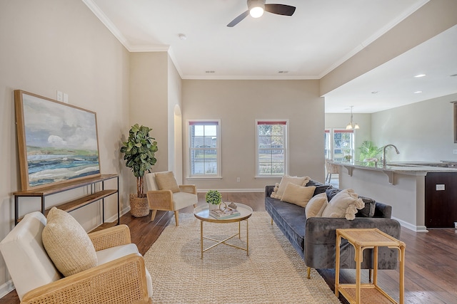 living room featuring ceiling fan with notable chandelier, dark hardwood / wood-style floors, ornamental molding, and sink