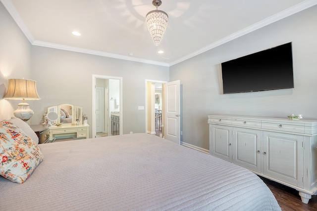 bedroom featuring dark hardwood / wood-style floors, crown molding, ensuite bath, and a notable chandelier