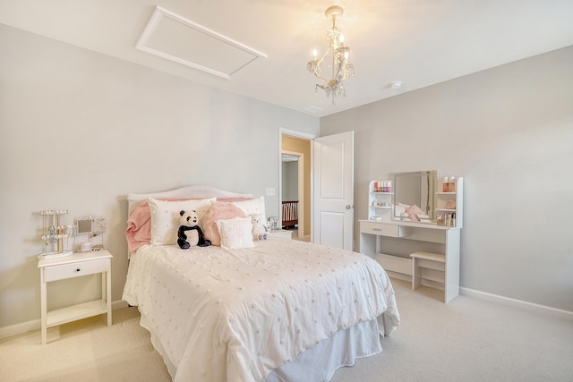 carpeted bedroom featuring radiator and an inviting chandelier