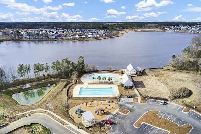 aerial view of a large body of water and a pool