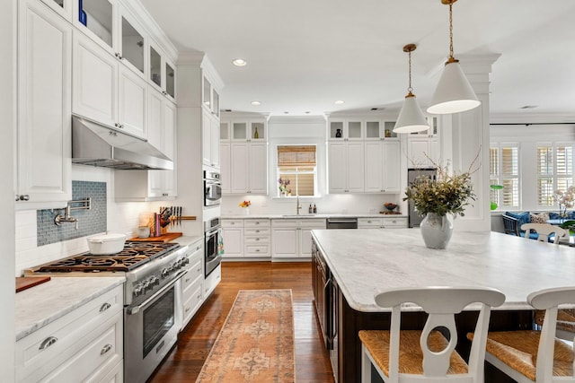 1527 Wando View St, Charleston, SC 29492 - kitchen featuring appliances with stainless steel finishes, under cabinet range hood, a sink, tasteful backsplash, and hanging light fixtures